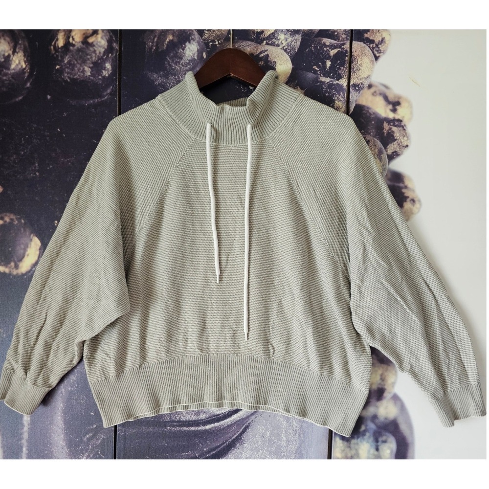 Varley Sage Green Textured Waffle Knit Mock Neck Drawstring Sweater XS Cotton